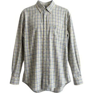 Orvis Button Down Shirt Mens L Tall Blue Yellow Plaid Heritage Wash Cotton